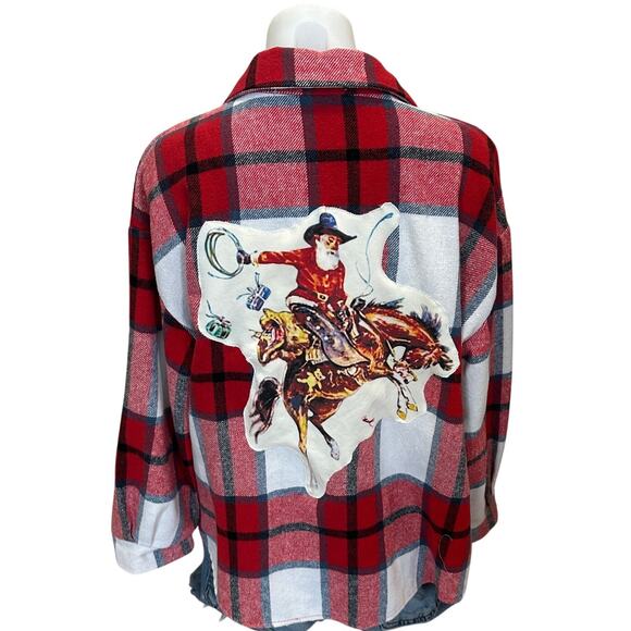 Cowboy Santa Claus Plaid Flannel Shirt MEDIUM Shacket Oversized Unique Christmas - Picture 1 of 7